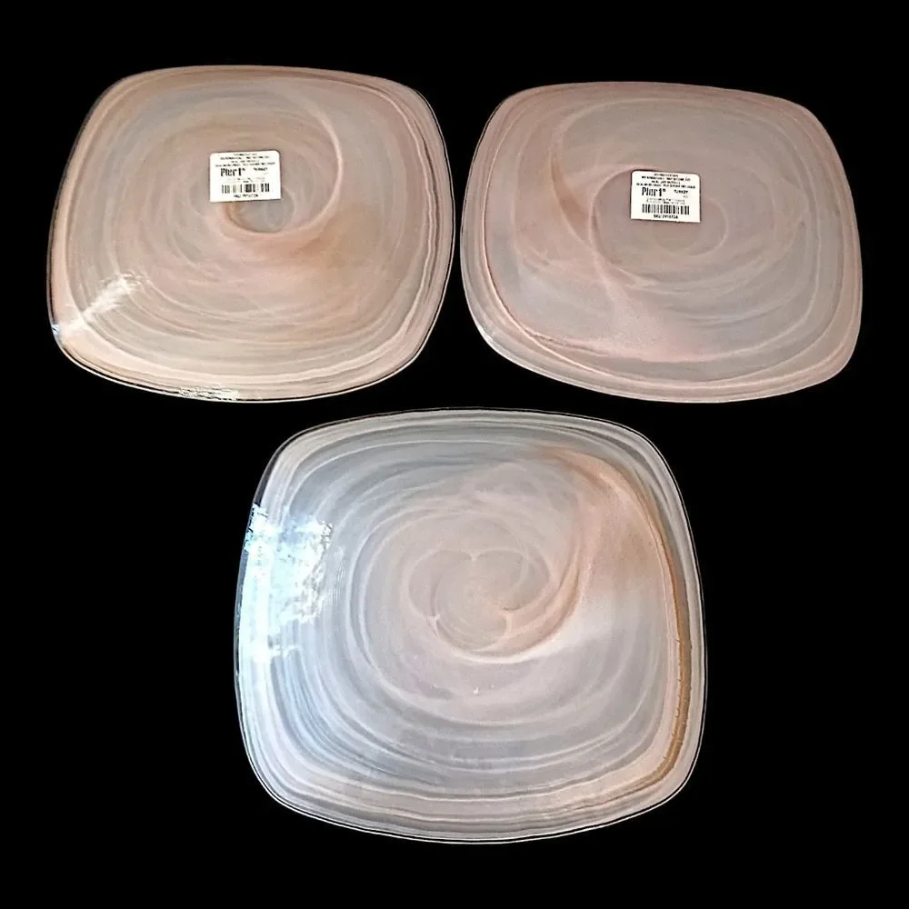3 Pier 1‎ Alabaster Glass Plate Side Salad Dessert Lunch Niveus Pink Beige Swirl
